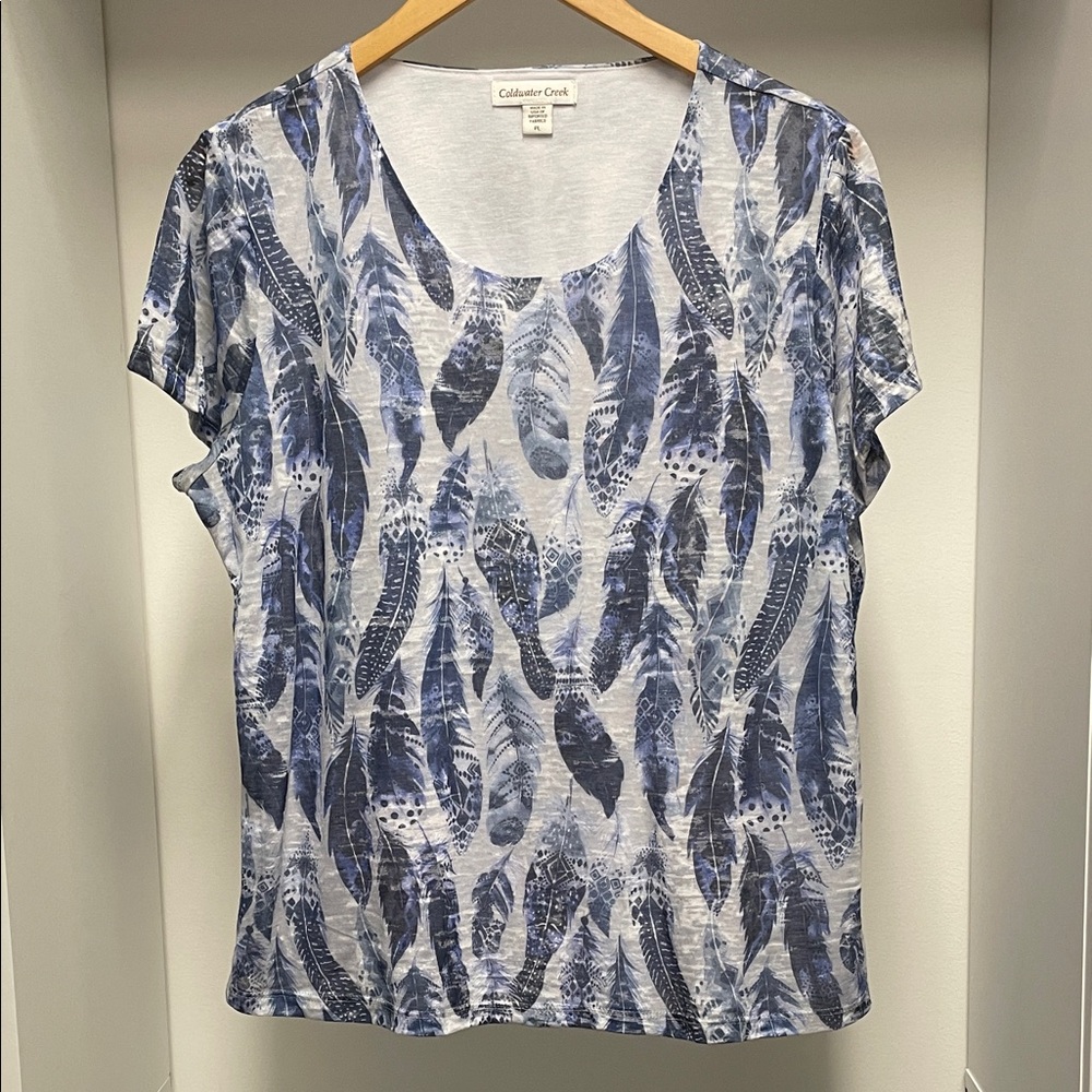 Coldwater Creek Blue and White Feather Print Lined Top Size PL
